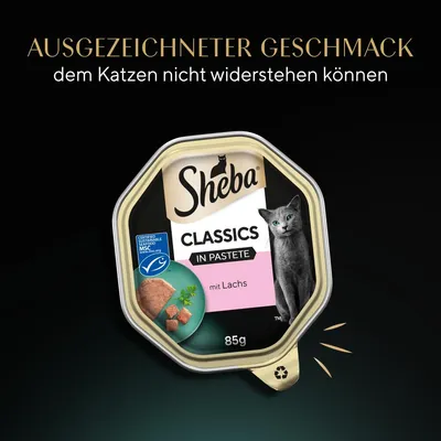Sheba Classics in Pastete mit Lachs, 85g. Ausgezeichneter Geschmack, dem Katzen nicht widerstehen können. Zertifiziert nachhaltige Meeresfrüchte MSC.