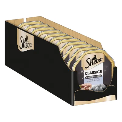 Sheba Classics in Pastei/En Terrine, met kalf & huhn, multipack aluminium kuipjes in kartonnen doos. Merknaam en productinformatie zichtbaar op verpakking.