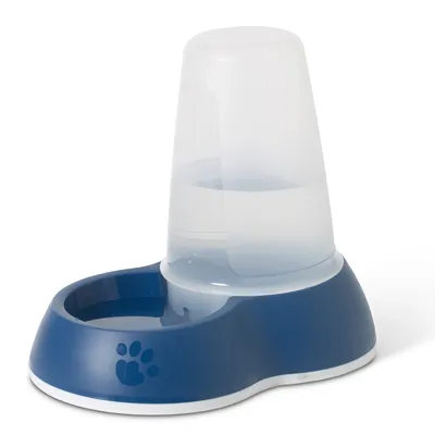 Blue water dispenser with transparent container and paw motif, suitable for pets. Shows water reservoir and drinking bowl.