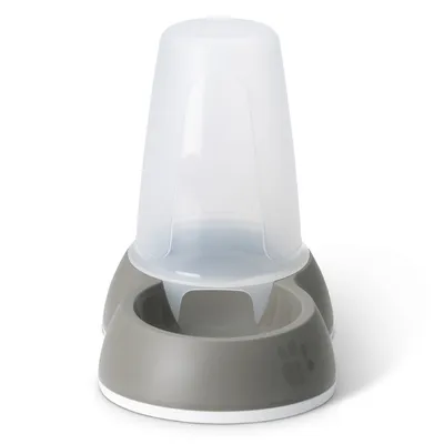 Automatische voerdispenser van grijs plastic met transparant reservoir, geschikt voor het doseren van droogvoer of water voor huisdieren.