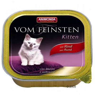 Animonda Vom Feinsten Kitten natvoer, met rund. Afbeelding van een witte kitten op een paarse kussen. Tekst: con Manzo, z wołowiną.