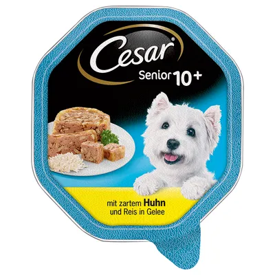 Cesar Senior 10+ hrană umedă pentru câini, imagine cu un câine alb, bucăți de hrană pe farfurie și text în germană: mit zartem Huhn und Reis in Gelee.
