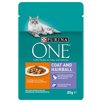 Purina ONE Coat and Hairball, sobre de 85 g. Visible Health for Today and Tomorrow. Zarte Stückchen in Sauce mit Huhn und grünen Bohnen. Sin colorantes ni conservantes añadidos.