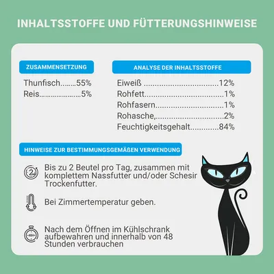 Sestavine: tuna 55%, riž 5%. Analiza: beljakovine 12%, surove maščobe 1%, surove vlaknine 1%, surovi pepel 2%, vlaga 84%. Navodila: do 2 vrečki na dan, ponudite pri sobni temperaturi.