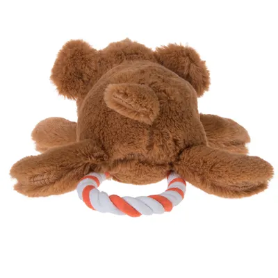 Giocattolo di peluche marrone a forma di animale con corda integrata in tessuto bianco e arancione.