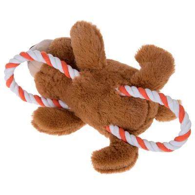Giocattolo in peluche a forma di orso con corda integrata arancione e bianca per cani.