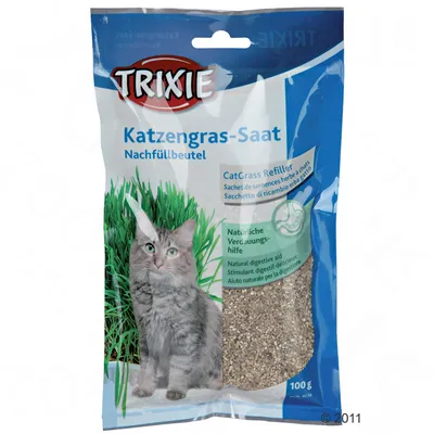 Trixie kissanruohon siementäyttöpussi, luonnollinen ruoansulatusapu, 100g. Pakkauksessa vihreää kissanruohoa ja harmaa kissa.