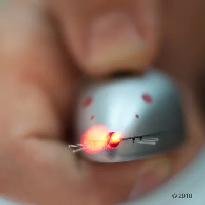 Hopea leikkihiiri, jossa on punainen LED-nenä ja ohuet metallivibrissit, pidetään kädessä.