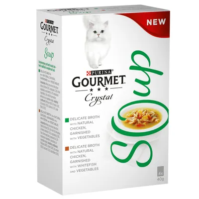 Purina Gourmet Crystal Soup. Caldo fino con pollo natural, enriquecido con pescado blanco y verduras. El paquete contiene 4x40g.