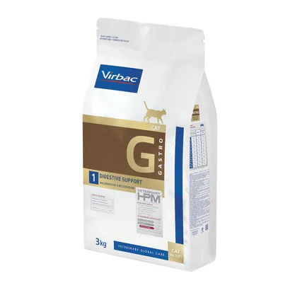 Sac de croquettes Virbac G Gastro Cat, 1 Digestive Support, Veterinary HPM, 3 kg, pour chat. Texte visible : maldigestion & restoration, CAT ALL SIZES, VETERINARY GLOBAL CARE.