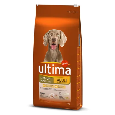 Saco de pienso para perros Ultima Affinity Medium Maxi Adult 1–7 años, más de 10 kg, sabor pollo, 12 kg. Texto visible: ingredientes de primera calidad, arroz, cereales integrales.