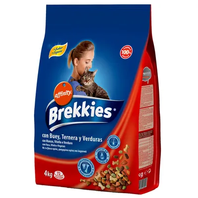 Saco de 4 kg de Brekkies affinity para gatos, con buey, ternera y verduras. Incluye texto: '+Sabor +Sopore', 'Completo 100% balanceado', '72 raciones'. Imagen de un gato.