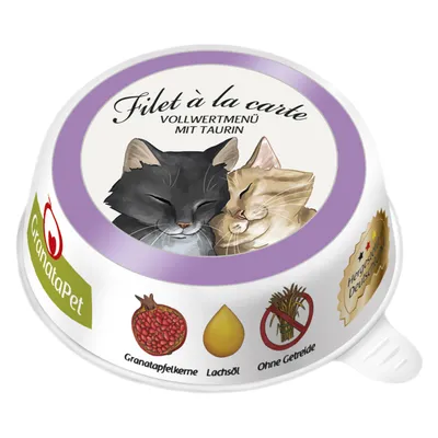 GranataPet Filet à la carte, Vollwertmenü mit Taurin. Granatapfelkerne, Lachsöl, Ohne Getreide. Vyobrazenie dvoch mačiek na obale.