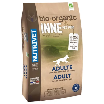 Nutrivet Bio Organic Adult aliment complet pour chiens de 2 à 7 ans, sans céréales, fabriqué en France, avec volaille. Garantie : sans additifs ni colorants artificiels.