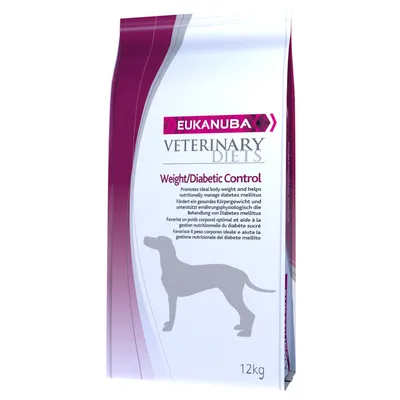 Опаковка Eukanuba Veterinary Diets Weight/Diabetic Control за кучета, 12 кг. Видим текст на английски: Weight/Diabetic Control. Силует на куче.
