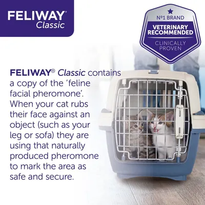 FELIWAY Classic product information explaining it contains a copy of feline facial pheromone to help cats mark areas as safe and secure. Veterinary recommended, clinically proven.