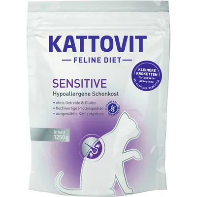 Kattovit Feline Diet Sensitive Hypoallergene Schonkost, bez zbóż i glutenu, wysokiej jakości białka, wybrane węglowodany, zawartość 1250 g. Mniejsze krokiety dla lepszej akceptacji.