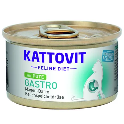 Conservă Kattovit Feline Diet Gastro cu curcan, text vizibil: Magen-Darm Bauchspeicheldrüse, etichetă 'Verbesserte Rezeptur', imagine siluetă pisică.