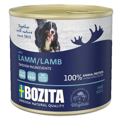 Bozita Paté à l'agneau, ingrédients suédois, 100% protéines animales, sans céréales, sans OGM, sans sucre ajouté. Boîte 625g. Fabriqué à Vårgårda depuis 1903.