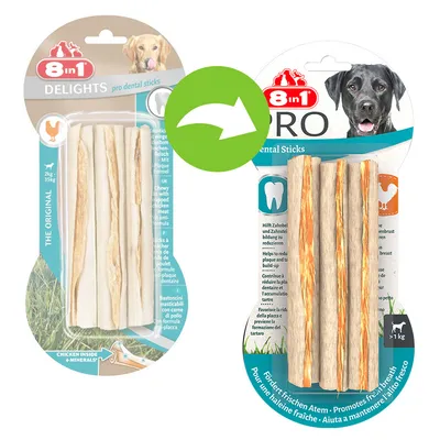 Comparison of old and new packaging for 8in1 dental sticks, showing product sticks in clear packs with icons for teeth cleaning, chicken content, and weight suitability.