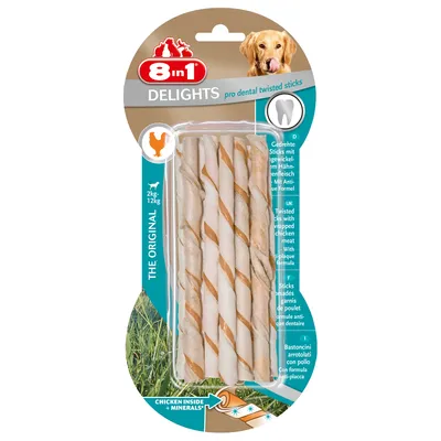 8in1 Delights pro dental twisted sticks, verpakking met gedraaide kauwsticks voor honden, THE ORIGINAL, geschikt voor 2–12 kg, CHICKEN INSIDE + MINERALS* zichtbaar op de verpakking.