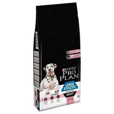 Пакет Purina Pro Plan Large Athletic Sensitive Skin Adult с изображение на далматинец, надписи Optiderma и Rich in Salmon. Видима информация за чувствителна кожа при големи активни кучета.