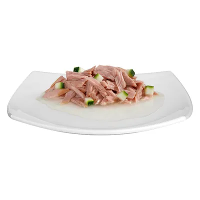 Nahaufnahme von zerkleinertem Thunfisch mit kleinen Zucchiniwürfeln auf weisser Platte, serviert in einer cremigen Sauce.