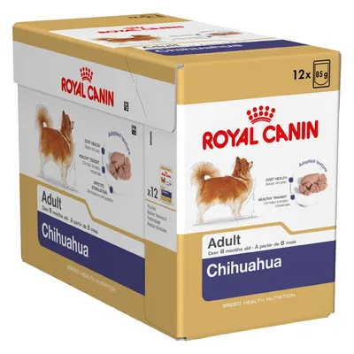Royal Canin Adult Chihuahua, 12 x 85 g portionspåsar. För hundar över 8 månader. Synlig text: Coat Health, Healthy Transit, Appetite, Adapted texture.