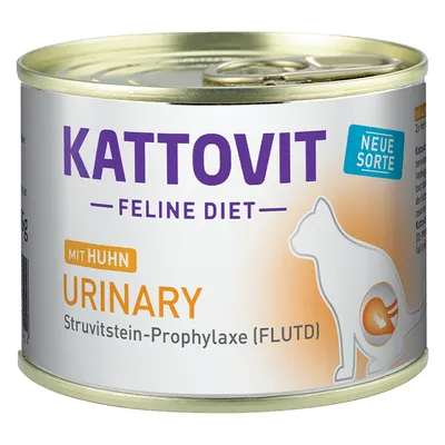 Kattovit Feline Diet Urinary mit Huhn, Struvitstein-Prophylaxe (FLUTD), neue Sorte. Dose mit Katzenmotiv und orangefarbenem Design.