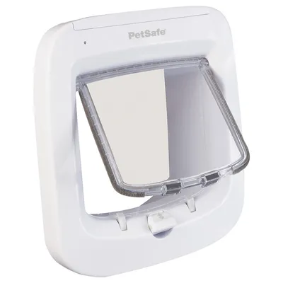 PetSafe cat flap with white frame and transparent swing door, suitable for doors or walls.