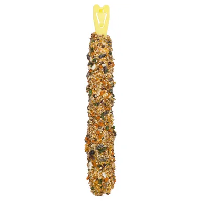 Feeding swing with grains, seeds and dried fruits, yellow plastic holder on top.