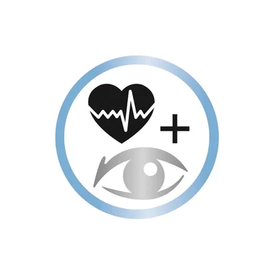 Symbol med hjärta och ögonmotiv, kompletterat med ett plustecken. Indikerar hälsofördelar för hjärta och ögon.