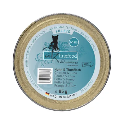 Catz Finefood Fillets Nr. 413, kurczak i tuńczyk, 85g, wyprodukowano w Niemczech, bez dodatku cukru, bez zbóż, bez testów na zwierzętach.
