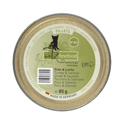 Catz Finefood Fillets Nr. 405, indyk i łosoś, 85g, wyprodukowano w Niemczech, bez cukru, bez zbóż, bez testów na zwierzętach.