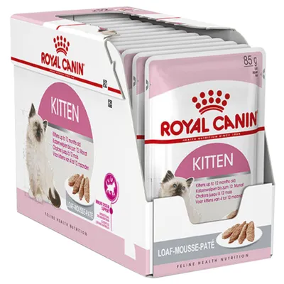 Royal Canin Kitten Loaf-Mousse-Paté, multipak od 85 g vrećica, za mačiće do 12 mjeseci. Na pakiranju slika mačića i hrane u obliku paštete.