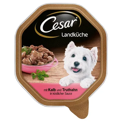 Cesar Landküche mit Kalb und Truthahn in köstlicher Sauce. Verpackung zeigt Schale mit Fleischstücken und weissen Hund.
