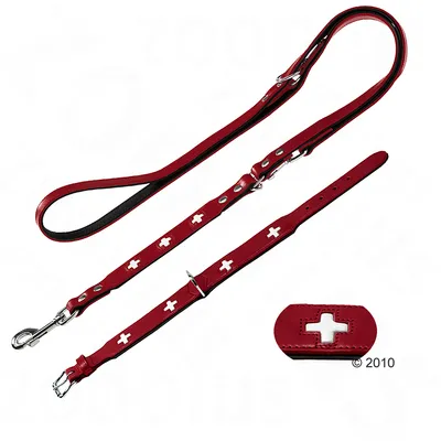 Rødt hundehalsbånd og line i læder med hvide kors-symboler, metalspænde og karabinhage. Nærbillede af detalje med hvidt kors på rød baggrund.