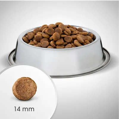 Crocchette marroni in una ciotola di metallo, dettaglio di una crocchetta con diametro 14 mm indicato in basso a sinistra.