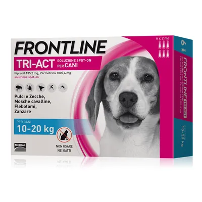 Frontline Tri-Act soluzione spot-on per cani 10–20 kg, 6 x 2 ml. Pulci e zecche, mosche cavalline, flebotomi, zanzare. Non usare nei gatti. Fipronil 135,2 mg, Permetrina 1009,6 mg.