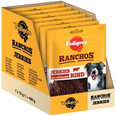 Pedigree Ranchos Jerkies Rind, 7 zakjes à 70 g, totaal 490 g. Verpakking toont afbeelding van hond en tekst: 'Jerkies met 100% natuurlijke ingrediënten'.