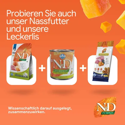Probieren Sie auch unser Nassfutter und unsere Leckerlis. Wissenschaftlich darauf ausgelegt, zusammenzuwirken. Abbildungen von N&D Trockenfutter, Nassfutter und Dental Treat.