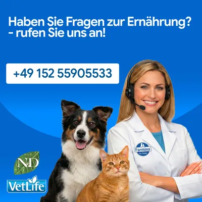 Haben Sie Fragen zur Ernährung? - rufen Sie uns an! +49 152 55905533. Farmina Pet Foods, ND, VetLife.