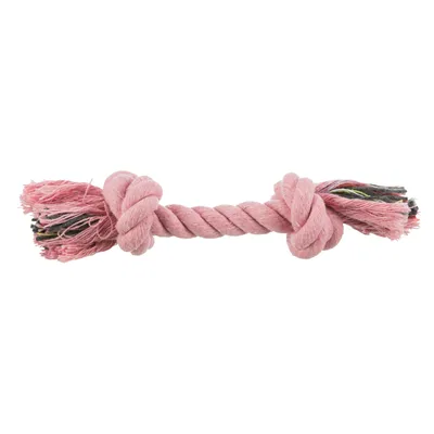 Jucărie din sfoară roz cu două noduri, capete franjurate, material textil vizibil.