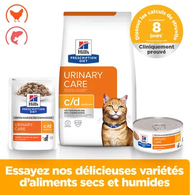 Hill's Prescription Diet Urinary Care c/d Multicare, cliniquement prouvé : dissolution des calculs de struvite en 8 jours. Aliments secs et humides illustrés avec du poulet et du poisson.