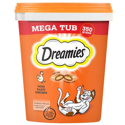 Boîte Dreamies MEGA TUB 350 grams, saveur poulet, vitamines et minéraux, 2 kcal par friandise, boîte résistante aux griffes, illustration de chat et croquette fourrée.