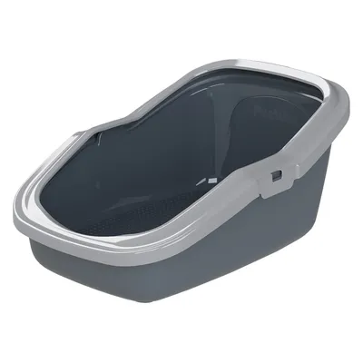 PeeWee toaleta pre mačky v tmavosivej farbe s bielym okrajom, ergonomický dizajn a zvýšený vstup.
