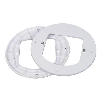 Two white plastic frames with rectangular opening and metal clips, suitable for mounting purposes.
