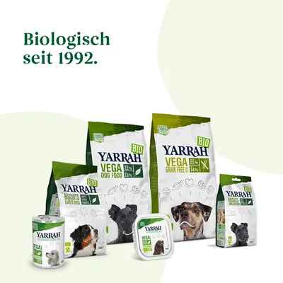 Yarrah BIO honden- en kattenvoer assortiment, zichtbaar: Vega Dog Food 22% eiwit 13% vet, Grain Free 22% eiwit 14% vet, Biscuits voor grote/kleine honden, natvoer. Tekst: Biologisch seit 1992.