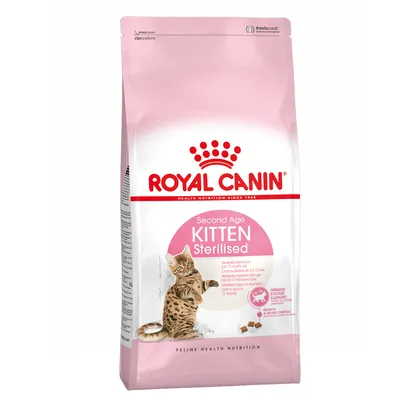Confezione Royal Canin Second Age Kitten Sterilised, crocchette per gattini sterilizzati da 6 a 12 mesi. Supporto sistema immunitario e controllo del peso visibili sulla confezione.
