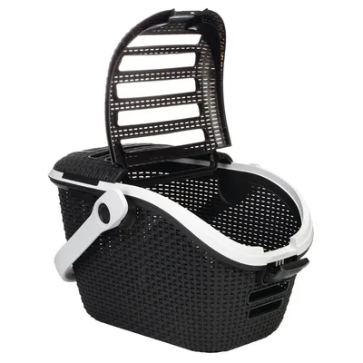 Black carrier basket with white handle and foldable lid made of plastic mesh, suitable for pet transport.